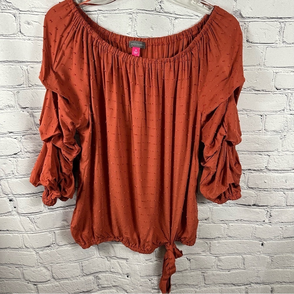 Vince Camuto Ruffled 3/4 Sleeve Off Shoulder Party Blouse Desert Summer M NWT